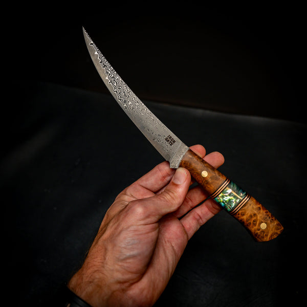 Damascus Mako — York Gum Burl & Abalone