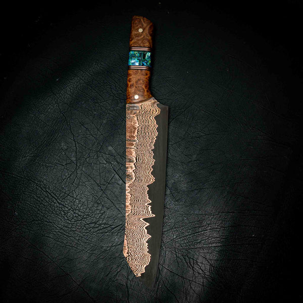 Chef Knife — 52100 San Mai Damascus | York Gum Burl & Abalone