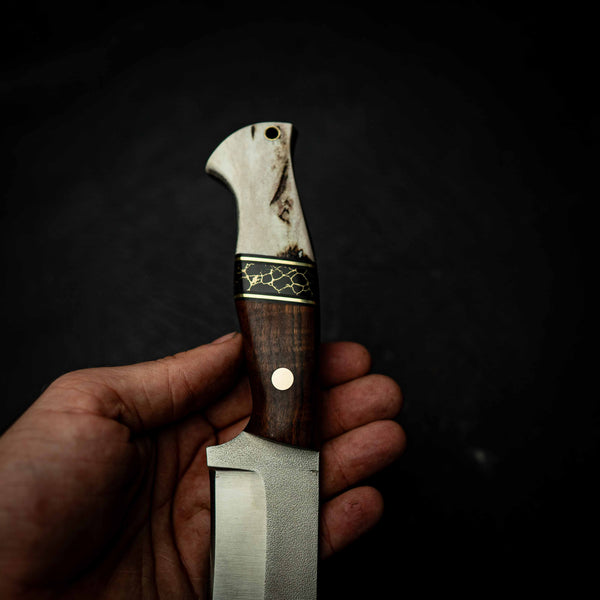 XL Hunter – Satin N690 with Tassie Blackwood, TruStone Spacer & Deer Antler — In-hand view | Iron Gate Knives