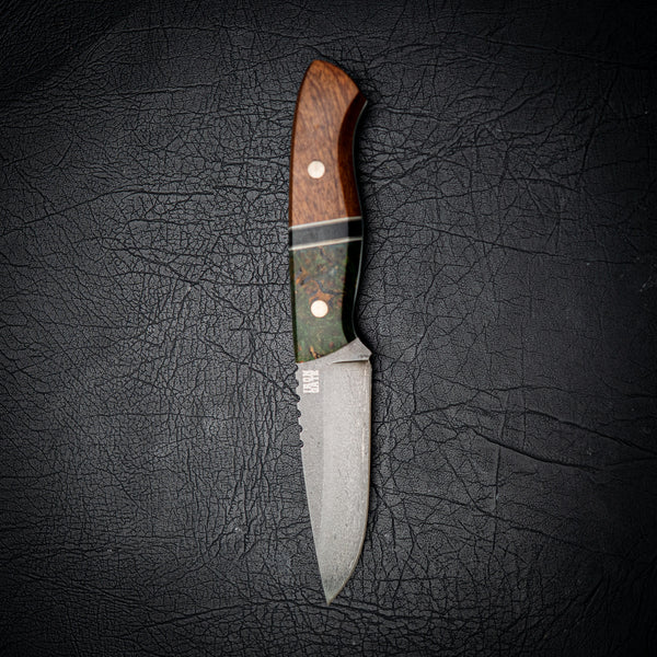 Bushcraft — D2 Dark Stonewashed, with Dyed Amboyna Burl, Dyed Lacewood spacer, and Wenge wood