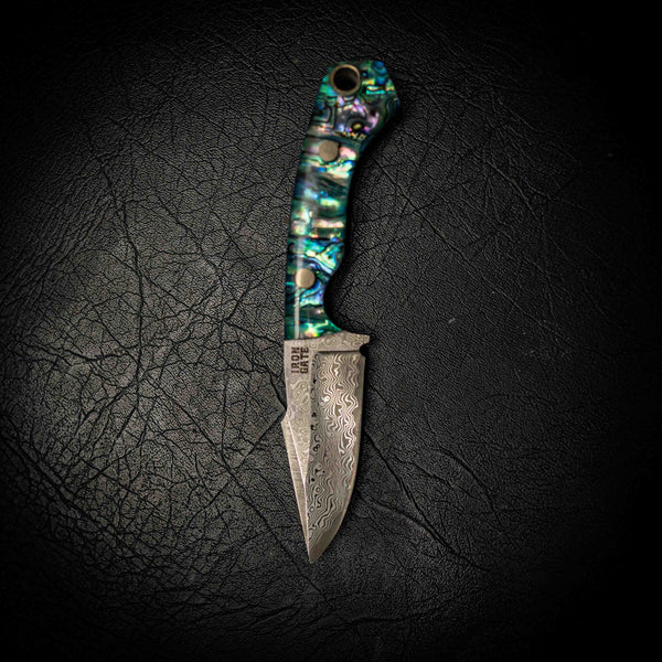 Mini Hunter – Stainless Random Damascus San Mai & Full Abalone Handle