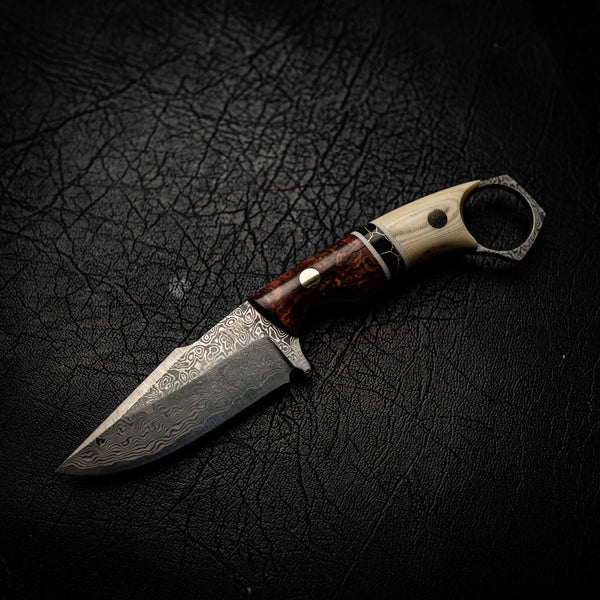 Damascus Mini Hunter – Ivory Micarta, Black TruStone and Honduran Rosewood