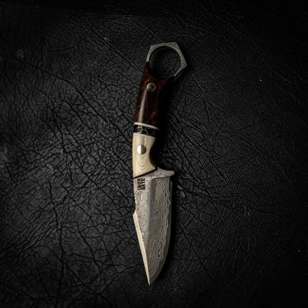 Damascus Mini Hunter – Ivory Micarta, Black TruStone and Honduran Rosewood