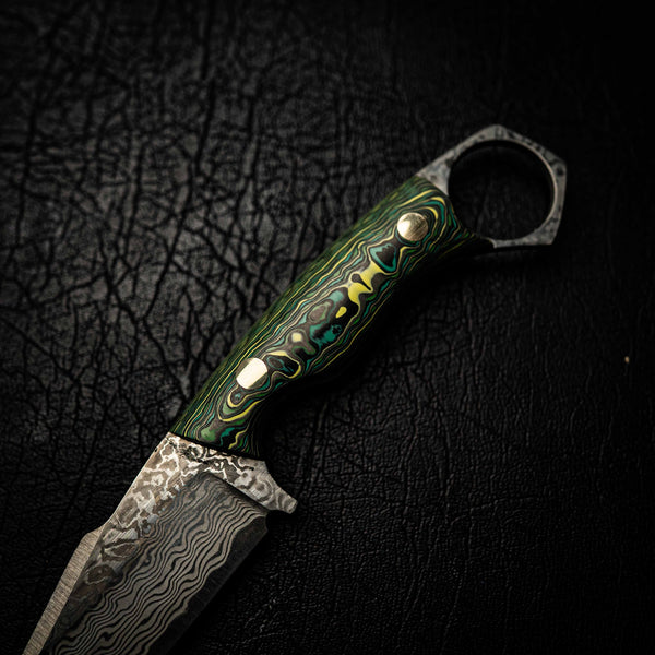 Damascus Mini Hunter – Green and Yellow Carbon Fiber