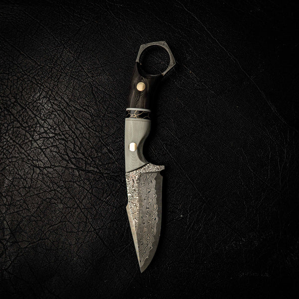 Damascus Mini Hunter – Ivory Micarta and Black Marbled Carbon Fiber