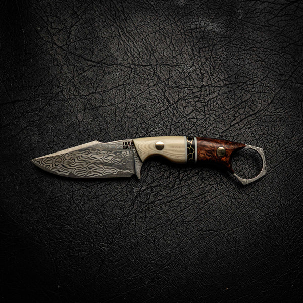 Damascus Mini Hunter – Ivory Micarta, Black TruStone and Honduran Rosewood