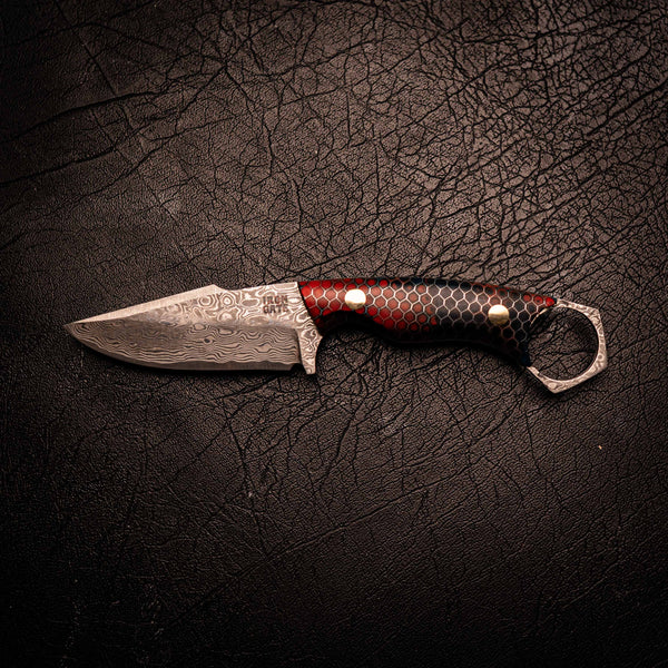 Damascus Mini Hunter – Red and Dark Blue C-Tek Handle