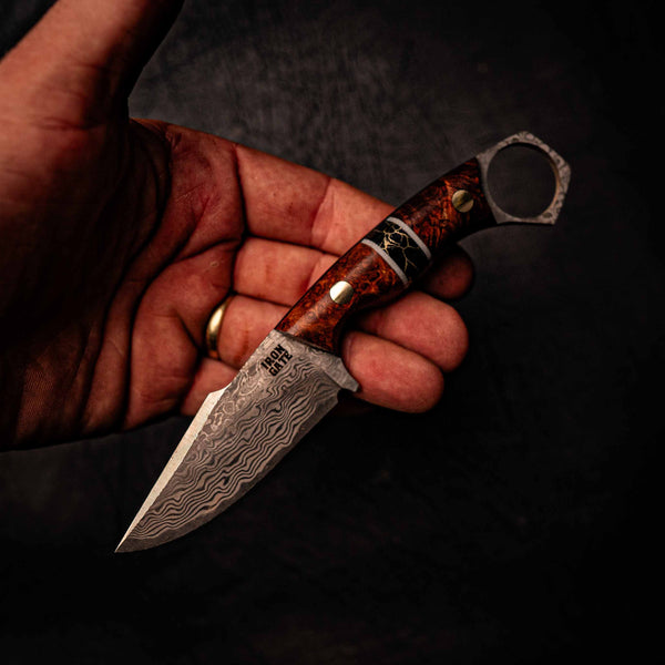 Damascus Mini Hunter – Honduran Rosewood and TruStone Inlay