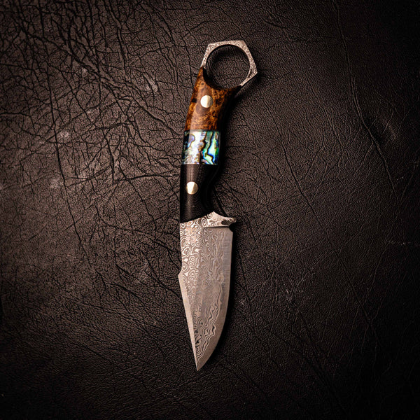 Damascus Mini Hunter – Black G10, Abalone Inlay and Amboyna Burl
