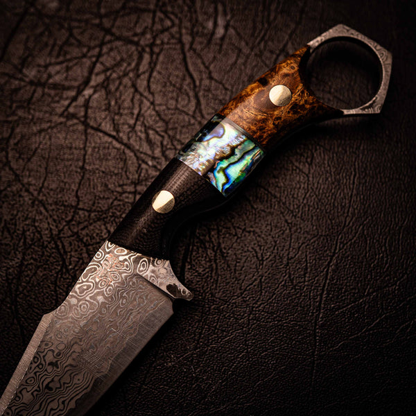 Damascus Mini Hunter – Black G10, Abalone Inlay and Amboyna Burl