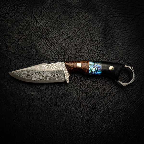 Damascus Mini Hunter – Amboyna Burl, Abalone Inlay and G10