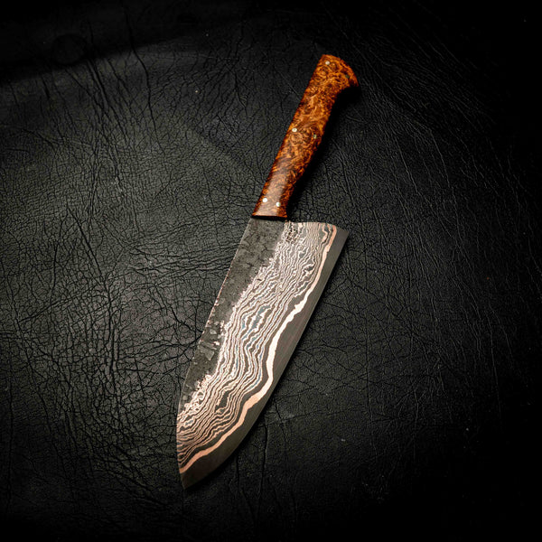 Coppermascus Santoku - Golden Amboyna Burl Handle