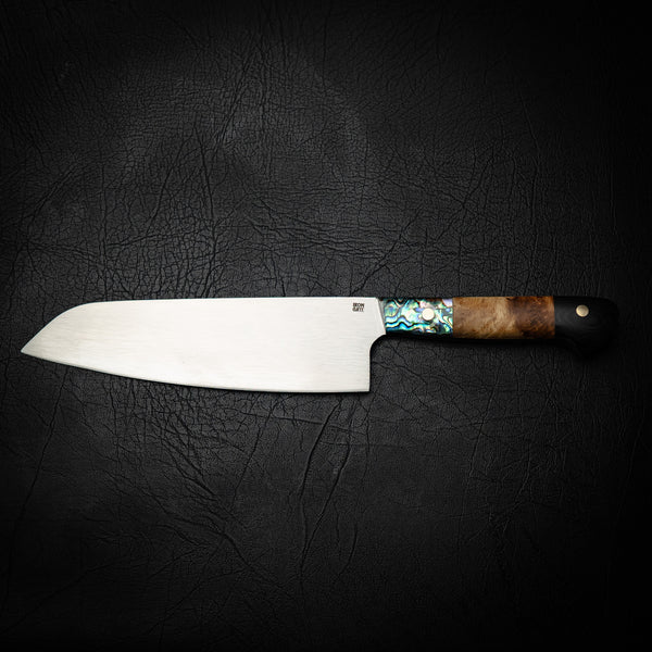 N690 Santoku – Abalone Shell, Golden Amboyna Burl & G10 Handle