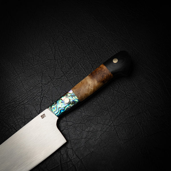 N690 Santoku – Abalone Shell, Golden Amboyna Burl & G10 Handle