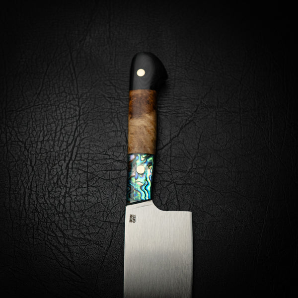 N690 Santoku – Abalone Shell, Golden Amboyna Burl & G10 Handle