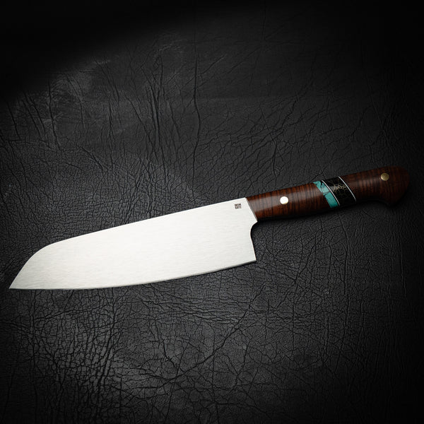 N690 Santoku – Figured Western Myall with Double Trustone Spacers