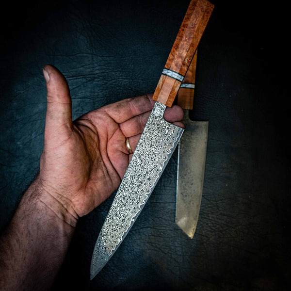 Stainless Raindrop Damascus Kitchen Pair — Kiritsuke & Gyuto