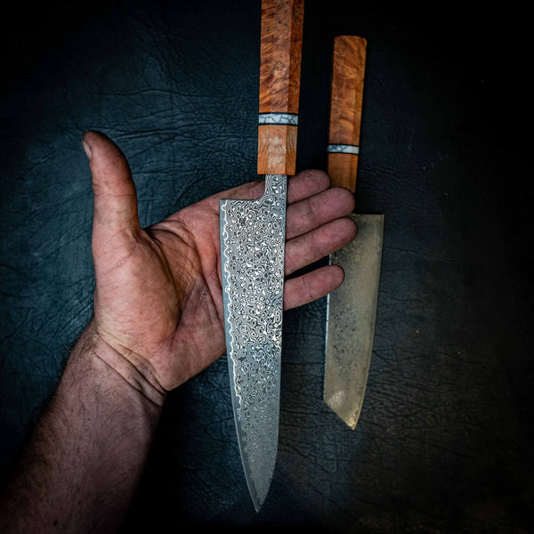 Stainless Raindrop Damascus Kitchen Pair — Kiritsuke & Gyuto