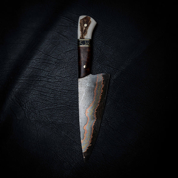 Chef Knife — Coppermascus San Mai | Amboyna Burl, TruStone & Deer Antler