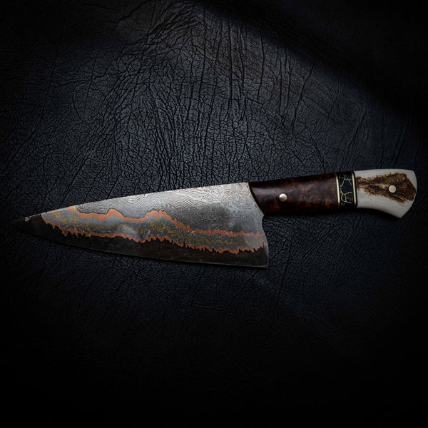 Chef Knife — Coppermascus San Mai | Amboyna Burl, TruStone & Deer Antler
