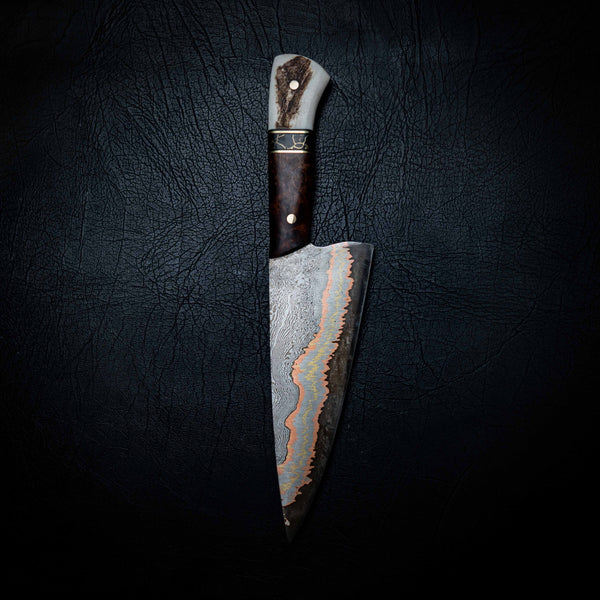 Chef Knife — Coppermascus San Mai | Amboyna Burl, TruStone & Deer Antler