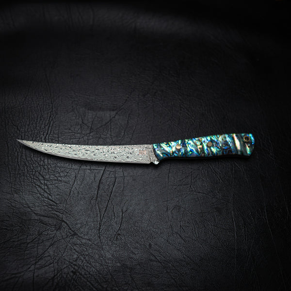 Raindrop Damascus San Mai Boning / Fillet Knife – Abalone Shell Handle