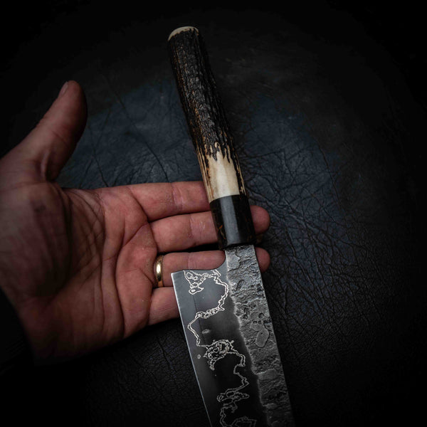 Gyuto | 52100 San Mai, Dyed Curly Birch & Deer Antler