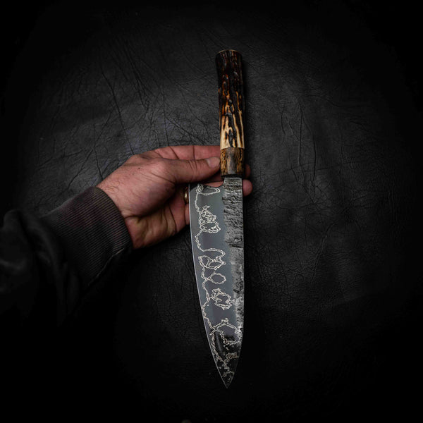 Gyuto | 52100 San Mai, Dyed Curly Birch & Deer Antler