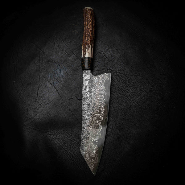 Bunka | 52100 Damascus San Mai, Deer Antler & Dyed Birch