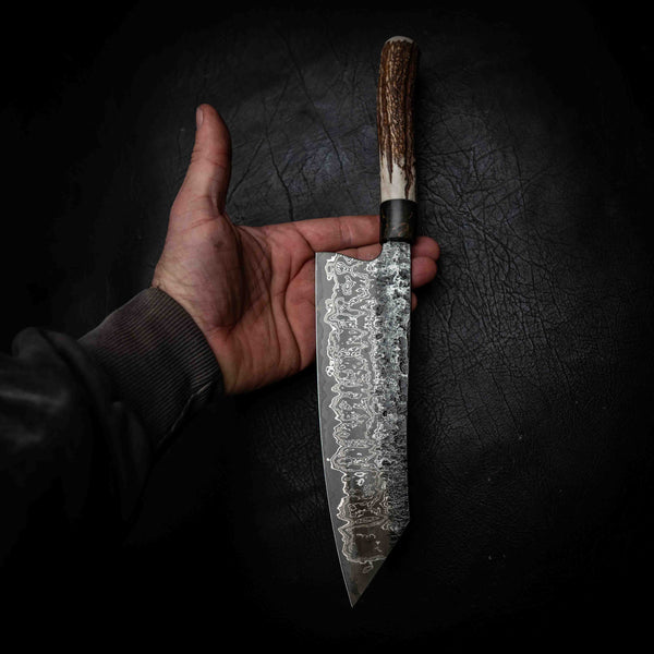 Bunka | 52100 Damascus San Mai, Deer Antler & Dyed Birch