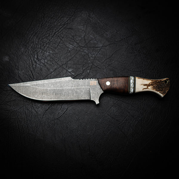 Pre-Order — Stonewashed Hunter — Tassie Blackwood & Antler — In-hand view | Iron Gate Knives