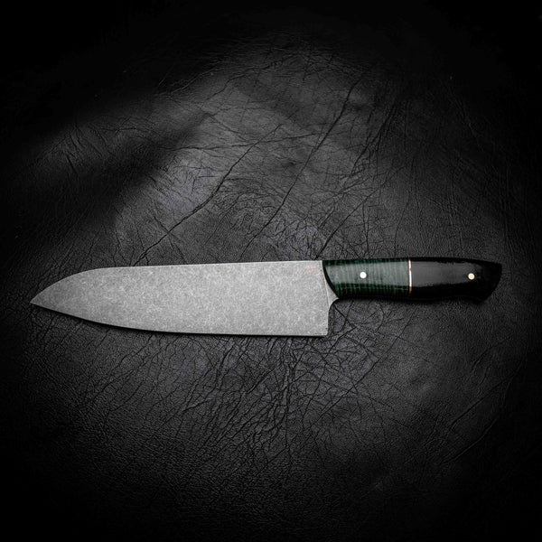 Santoku | 12C27 Stainless, Emerald Curly Mango & African Blackwood
