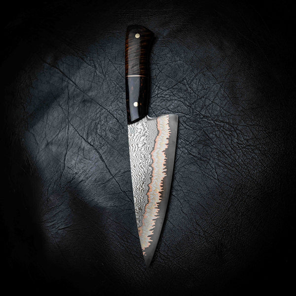 Chef Knife — 52100 Damascus San Mai | Dyed Curly Birch & Curly Mango