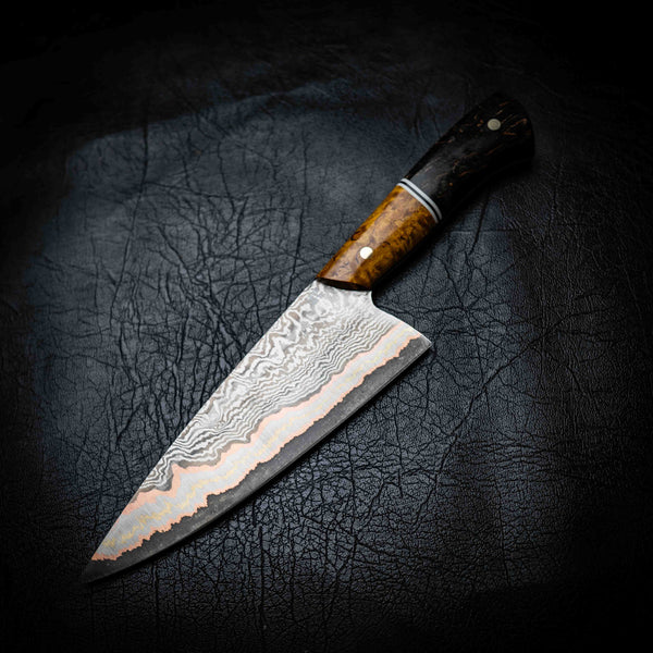 Chef Knife — 52100 Damascus San Mai | Yellow & Black Dyed Curly Birch
