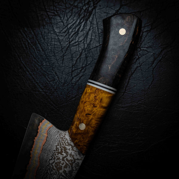 Chef Knife — 52100 Damascus San Mai | Yellow & Black Dyed Curly Birch