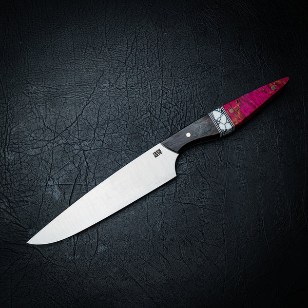 Small Chef Knife – African Blackwood, White Trustone & Pink Dyed Birch