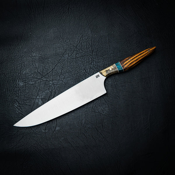 Large Chef Knife – Spalted Poplar, Blue Dyed Maple Inlay & Maple Burl