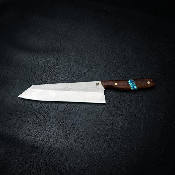 Tanto Chef Knife – N690 Steel | Ringed Gidgee & Abalone Inlay by — Alternate view | Iron Gate Knives