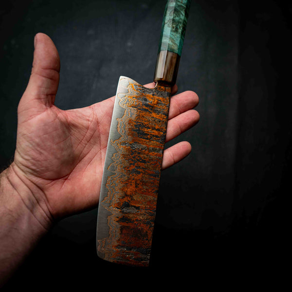 Nakiri | 52100 Coppermascus San Mai, Emerald Maple Burl & Buffalo Horn Wa Handle