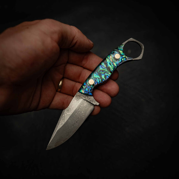 Mini Hunter — Damascus & Abalone — In-hand view | Iron Gate Knives