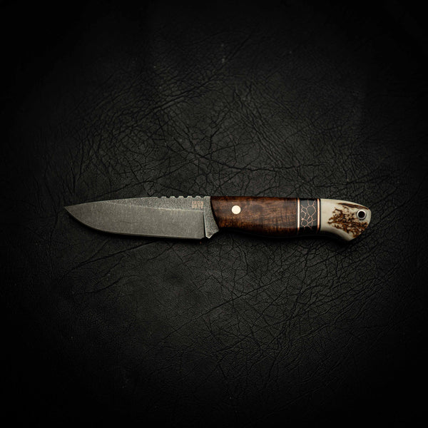 Pre-Order — Stonewashed Bushcraft — Tassie Blackwood & Antler — Detail view | Iron Gate Knives