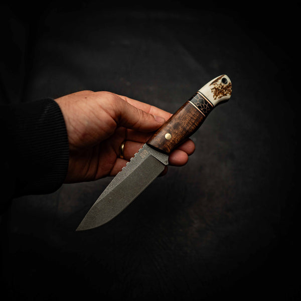 Pre-Order — Stonewashed Bushcraft — Tassie Blackwood & Antler — In-hand view | Iron Gate Knives
