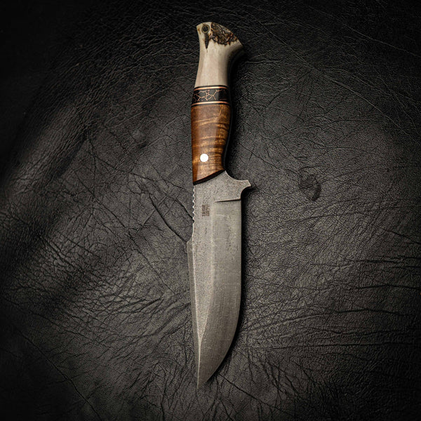 Pre-Order — Stonewashed Hunter — Tassie Blackwood, TruStone & Antler — Detail view | Iron Gate Knives