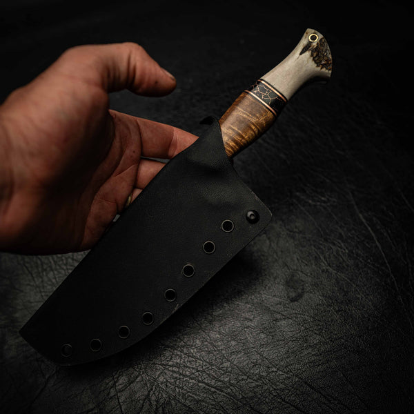 Pre-Order — Stonewashed Hunter — Tassie Blackwood, TruStone & Antler — In-hand view | Iron Gate Knives