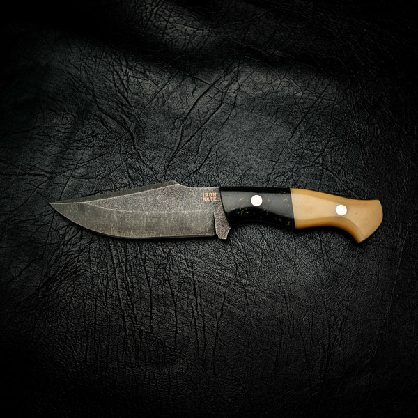Hunter — Black & Gold Restone with Vintage Ivory G10 — Alternate view | Iron Gate Knives