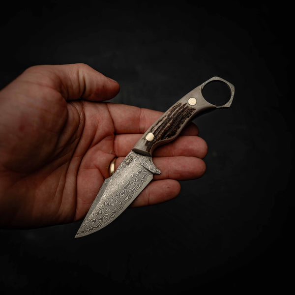 Mini Hunter — Damascus & Deer Antler — In-hand view | Iron Gate Knives