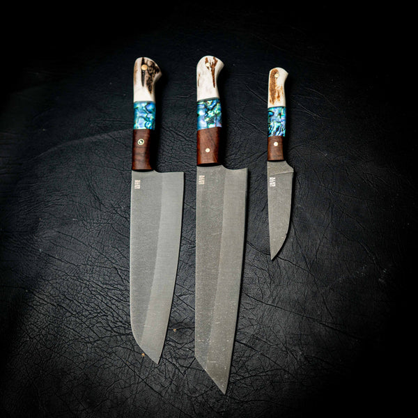 Full Kitchen Set — N690 Dark Stonewash — Ringed Gidgee, Abalone & Deer Antler — In-hand view | Iron Gate Knives