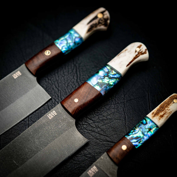Full Kitchen Set — N690 Dark Stonewash — Ringed Gidgee, Abalone & Deer Antler — View 10 | Iron Gate Knives