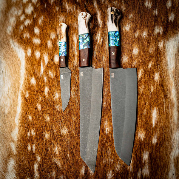 Full Kitchen Set — N690 Dark Stonewash — Ringed Gidgee, Abalone & Deer Antler — View 6 | Iron Gate Knives
