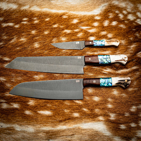 Full Kitchen Set — N690 Dark Stonewash — Ringed Gidgee, Abalone & Deer Antler — View 5 | Iron Gate Knives